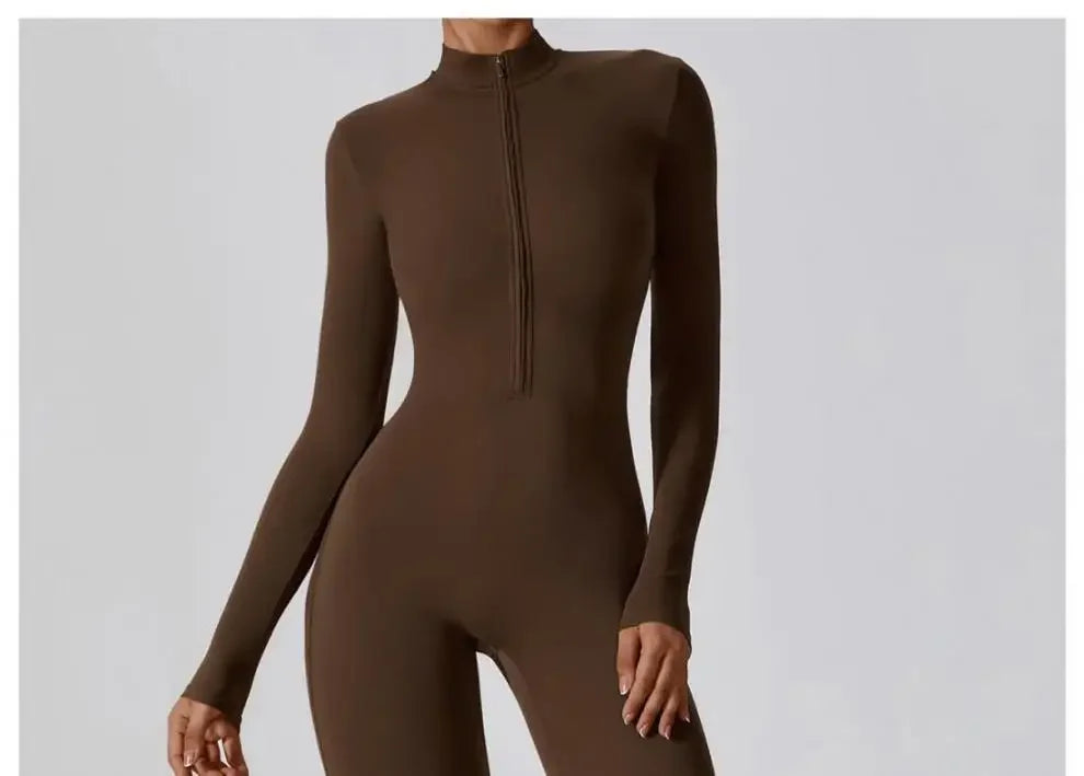 Fall New Style Long Sleeve Zipper Tight Butt Enhancing One Piece Fitness Pants Women Running Sports Training Yoga Black.