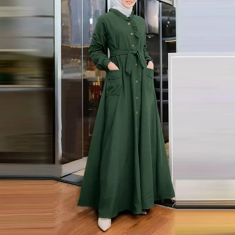 2025 Fashion Arab Style Lace-up Maxi Dress for Women Muslim Abaya Vintage Plain Long Dresses Hijab Islamic Robe Elegante Femme