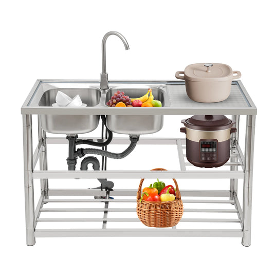 Doppelschüssel-Waschbecken aus Edelstahl mit Werkbank, freistehendes Waschbecken mit Abtropfbrettern-Wasserhahn, jede Spülbeckengröße 33 x 33 x 18 cm, Silber