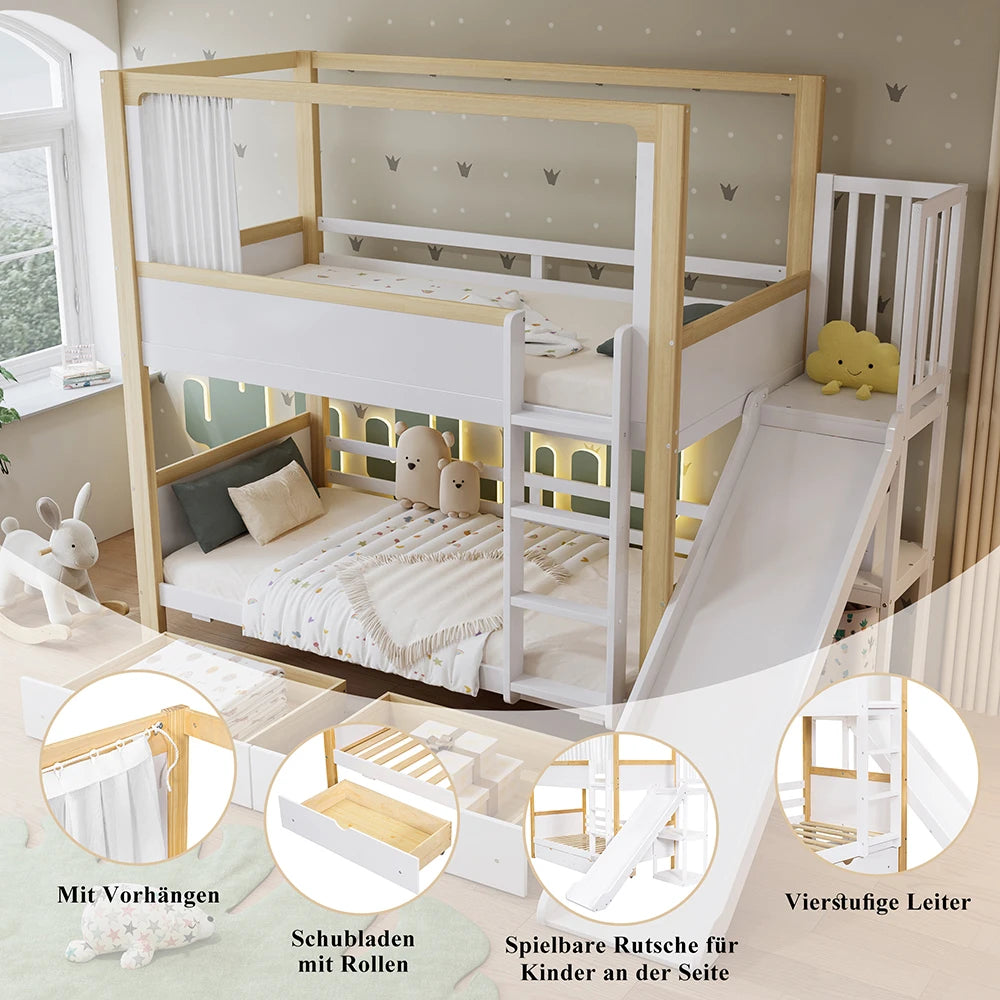 KOMHTOM Kinderetagenbett mit 2 Schubladen (mit Rollen), Kinderrutsche, 90x200cm