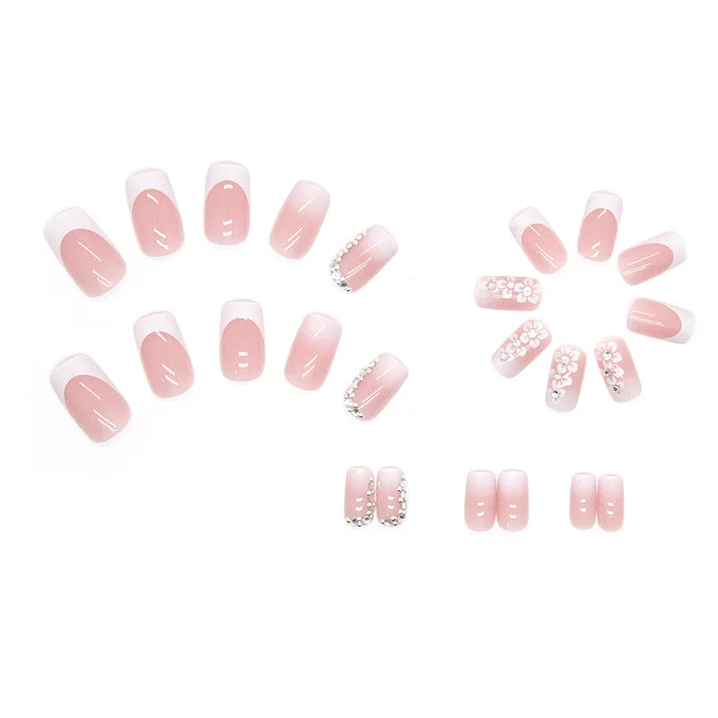 24 PCs Short French Simple Flower Pile Drill Nails with 1 Jelly Glue and 1 Nail File.