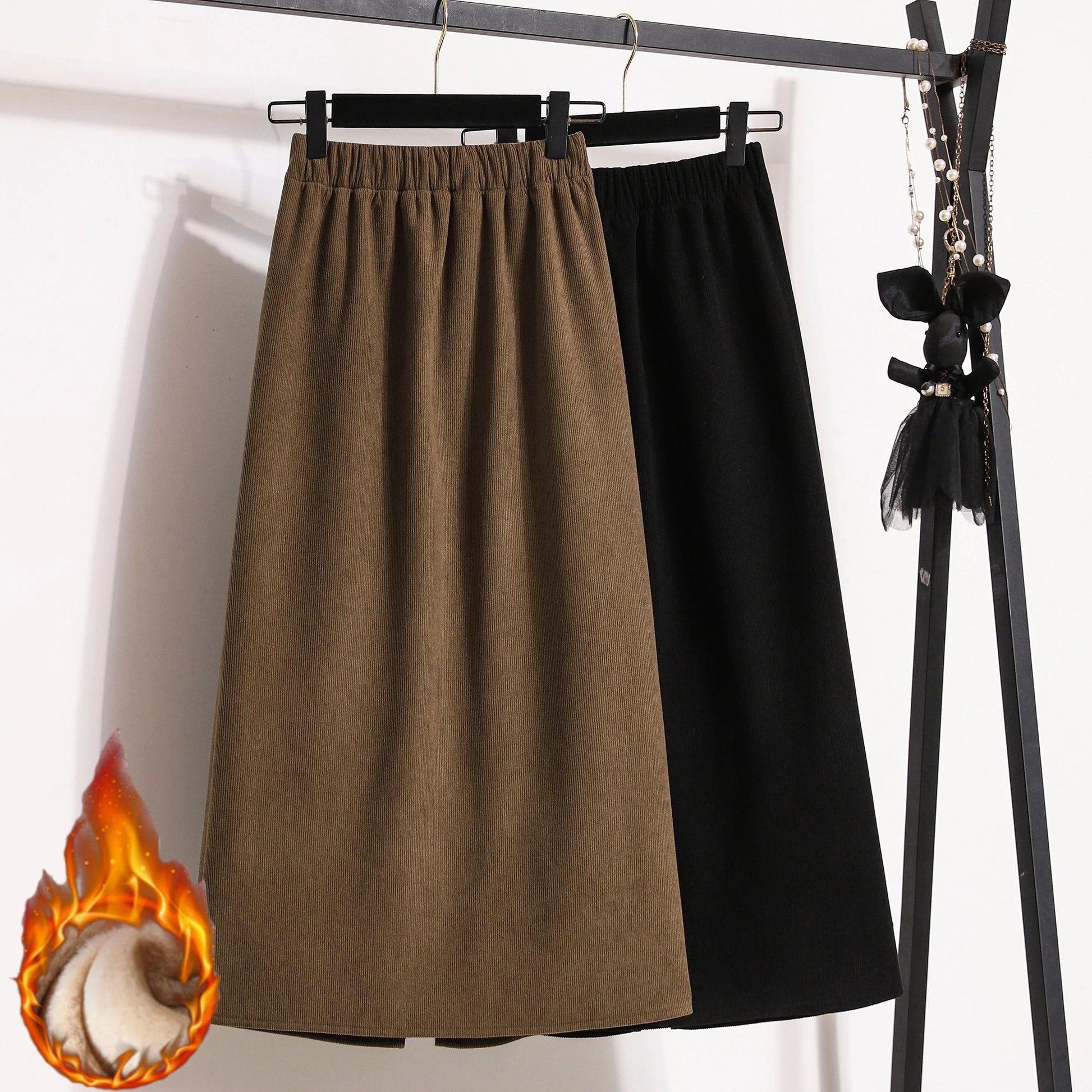 2025 Autumn Winter Plus Size Skirts Women High Waist Solid A-line Skirt Back Slit Korean Thick Elegant Fleece-lined Style Skirts.