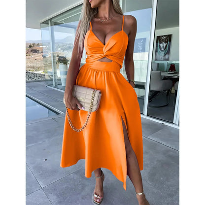 Damenbekleidung im neuen Stil von Amazon, Tank-V-Ausschnitt, großes Swoop-Kleid, schlank, dass Sie Ihre Silhouette glättet, mittellanges Kleid mit offenem Rücken