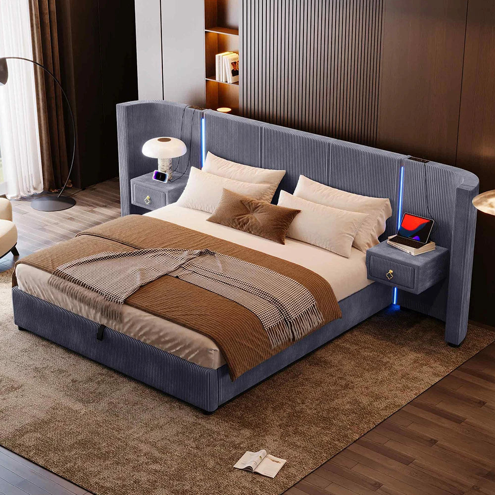KOMHTOM Polsterbett 180x200cm, Samt mit, LED-Leiste, hydraulischem Stauraum, 2 Schubladen und USB+TYPE-C Anschluss
