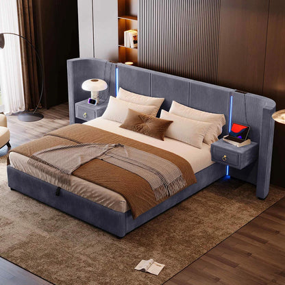 KOMHTOM Polsterbett 180x200cm, Samt mit, LED-Leiste, hydraulischem Stauraum, 2 Schubladen und USB+TYPE-C Anschluss
