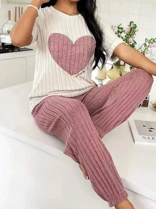Damen-Pyjama-Set im neuen Stil, Herzmuster, kurzärmeliges Hemd, Hose, zweiteilig, einfach und schön, lässige Heimkleidung