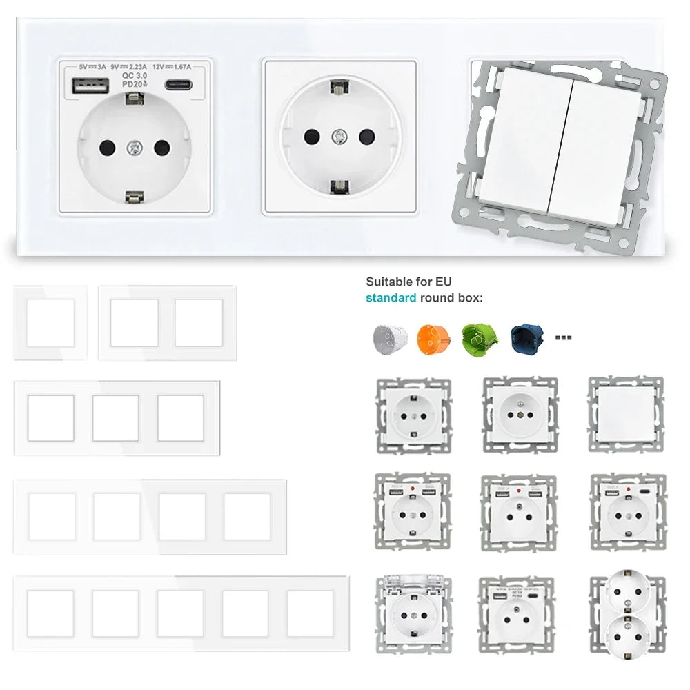SRAN F6 Serie mehrere Rahmen Weiße Panel aus gehärtetem Glas, EU FR UN-Steckdosen und Schalter Dimmer-Lüfter-Fußlampe Rj45-Modul DIY.
