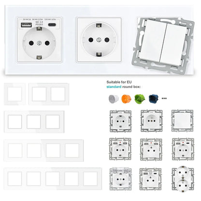 SRAN F6 Serie mehrere Rahmen Weiße Panel aus gehärtetem Glas, EU FR UN-Steckdosen und Schalter Dimmer-Lüfter-Fußlampe Rj45-Modul DIY.