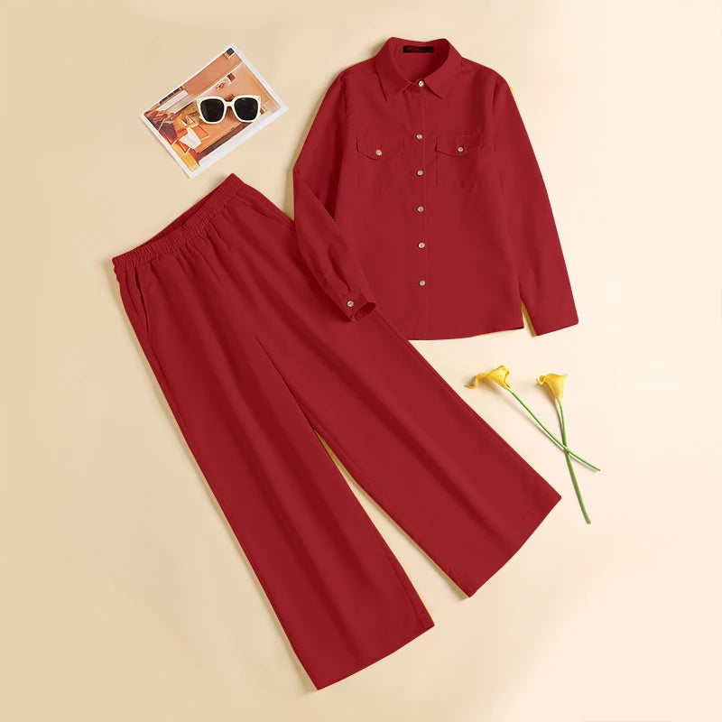 Elegant Autumn Women Matching Sets Long Sleeve Shirt Wide Leg Pants ZANZEA Casual Solid OL Work Suit Tracksuits Holiday Outfits.