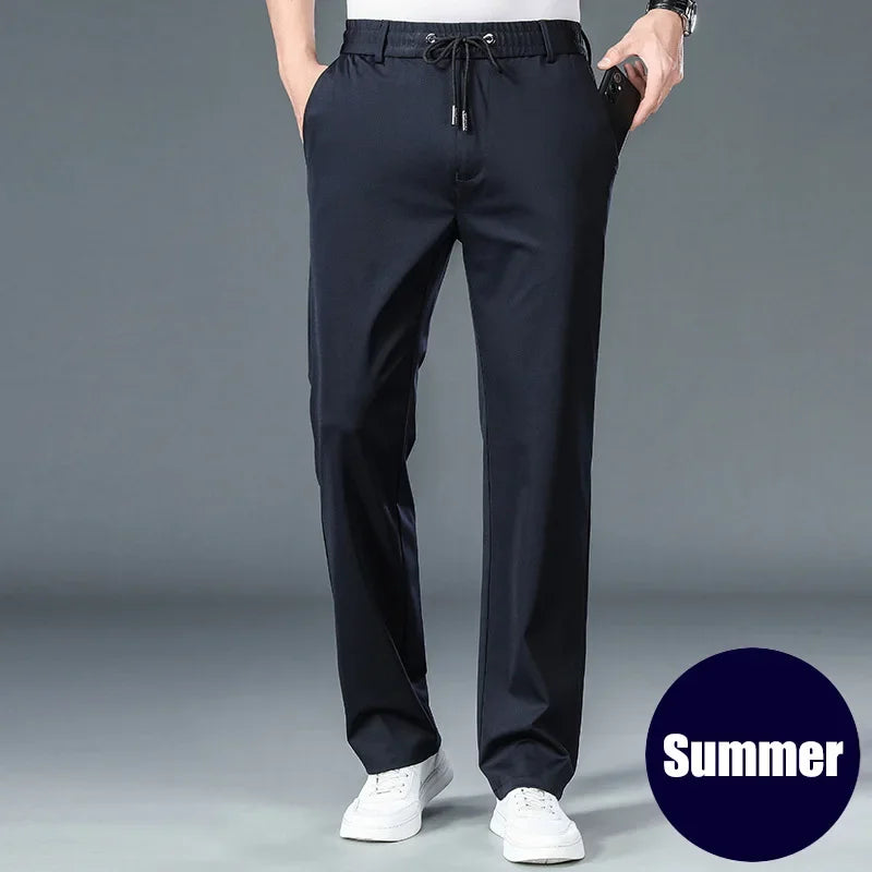 10XL Big Size Men's Summer Casual Pants Straight Fit Elastic Waist Trouser Male Classic Office Plus Large Stretch Zipper Pocket