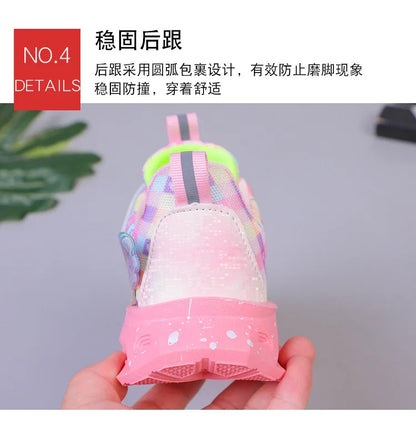 Disney Children's Sports Shoes Led Lights Sneaker Cartoon Frozen Princess  Elsa PU Leather Girls' Pink Children's Running Shoes.