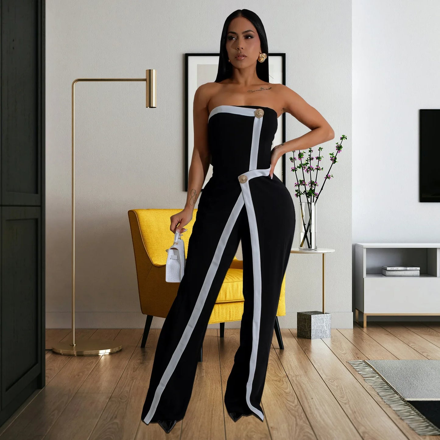 Elegant Sleeveless Wrap Chest Women's Button Strapless Irregular Jumpsuits 2025 One PieceWide Leg Outfits Night Club Streetwear.