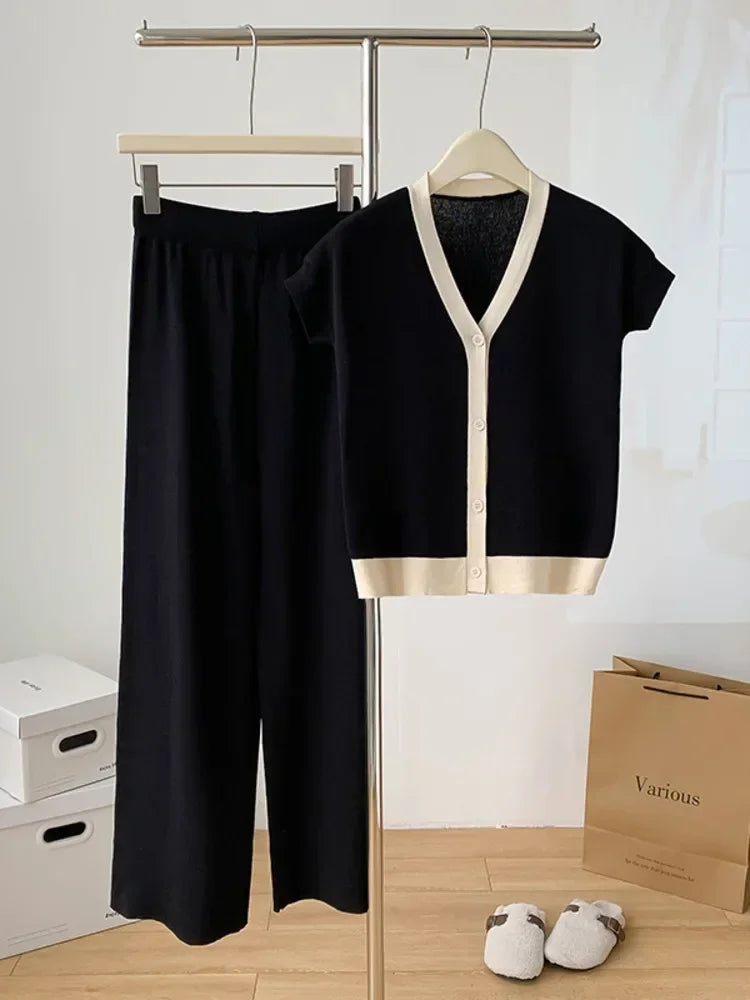 Fashion Knitted 2 Pieces Sets Women V-Neck Single Breasted Cardigan+High Waist Wide Leg Long Pants 2024 New Solid Sweater Suits
