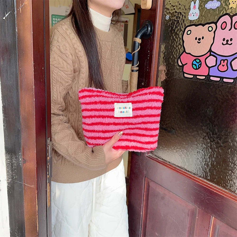 New Colorful Striped Dot Plush Clutch Cosmetic Bag Large Capacity Makeup Pouch Toiletries Bag Travel Outdoor Makeup Storage