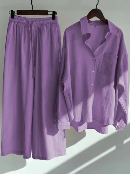 Pants Set Women Shirts Wide Leg Elastic Waist Cotton Linen Casual Sets Elegant Loose Long Sleeve Lapel Spring Shirt Y2k Suit