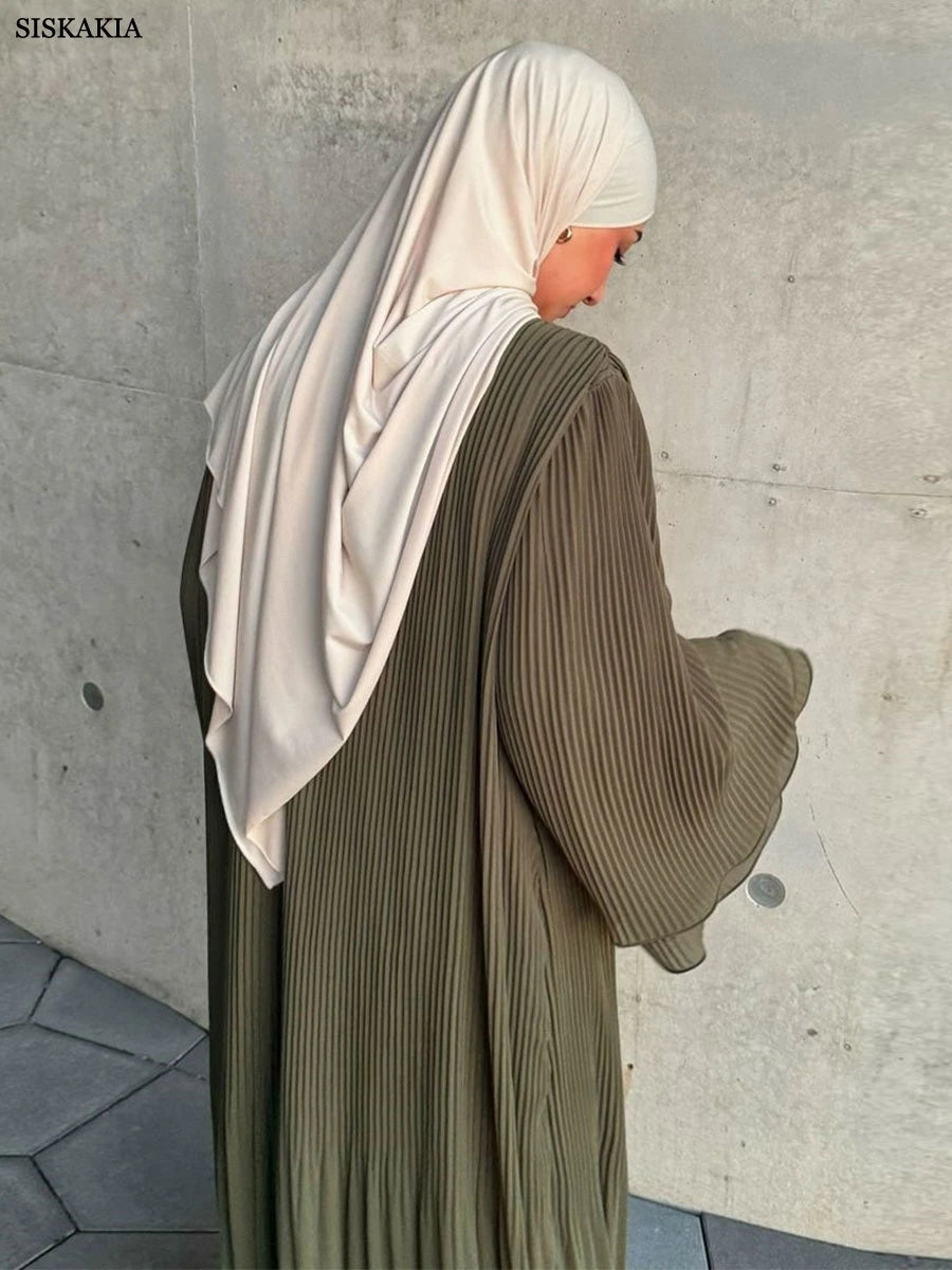 Siskakia Ramadan-Muslim Solid Wrinkle Dresses For Women's Dubai  Moroccan Petal Sleeve Abayas O-Neck Elegant Kebaya 2024.