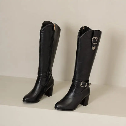 Girseaby British Style Women Knee High Boots Round Toe Block Heel 7.5cm Zipper Plus Size 51 52 Fashion Riding Bota