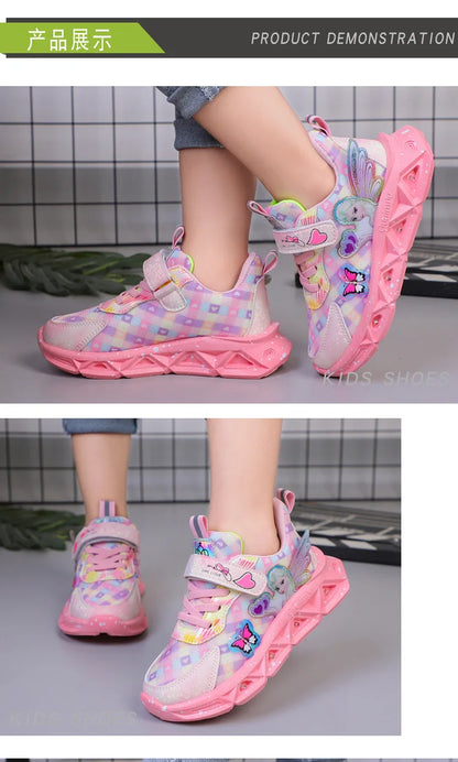 Disney Children's Sports Shoes Led Lights Sneaker Cartoon Frozen Princess  Elsa PU Leather Girls' Pink Children's Running Shoes.