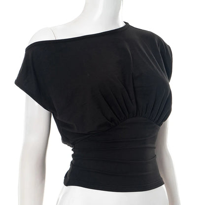 CUTENOVA Solid Color One Shoulder Slant Neck Waist Shrinking Pleated Tank Top Women'S Summer New Casual Simple Fashion Tank Top.