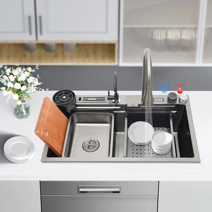 Küchenspüle aus Edelstahl mit ausziehbarem Wasserhahn, Wasserfallspüle mit Digitalanzeige, multifunktionale Küchenspüle für die Arbeitsstation