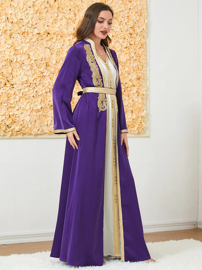 Maßgeschneiderte muslimische Sets, elegante muslimische Frauen, Sommer, langärmelig, V-Ausschnitt, Polyester, lila, 2-teiliges Kleid, Mantel, passende Sets, Muslim