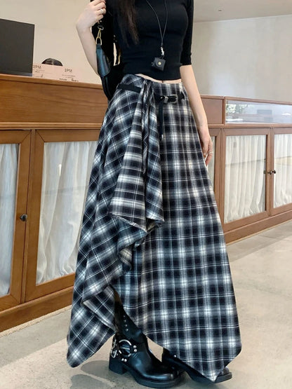 Qiukichonson Long Skirts Women Woolen Skirt 2025 Goth Autumn Winter High Waist Ruffles Asymmetrical Plaid Skirt Maxi With Belt.