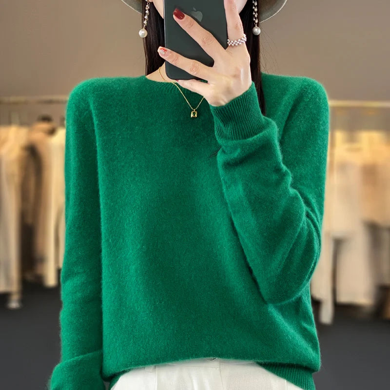 100% Merino Wool Sweater Women O-neck Cashmere Knitwear Female Pullover Autumn Winter Casual Tops Solid Color Soft  Clothing.