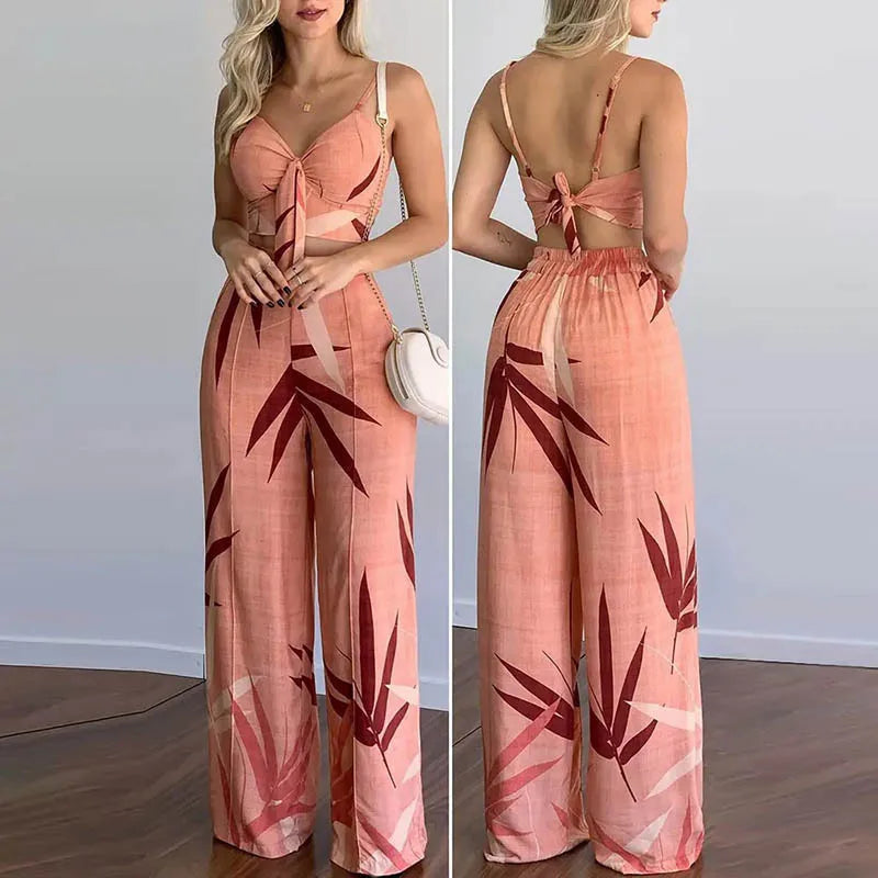 Elegant Two Piece Outfits For Women 2025 Sexy V-Neck Strap Backless Lace-up Slim Crop Top & Wide Leg Pants Sets Summer Lady Suit