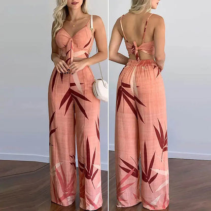 Elegant Two Piece Outfits For Women 2025 Sexy V-Neck Strap Backless Lace-up Slim Crop Top & Wide Leg Pants Sets Summer Lady Suit