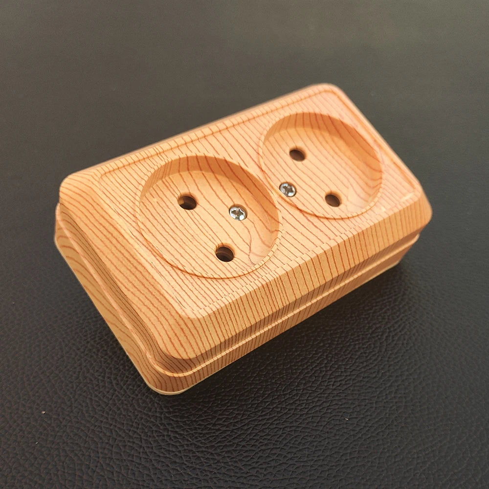 WESA Holz-Wandsteckdose, EU-Standard, Steckdose, Vintage-Imitation, Holzfarbe, Steckdose, flammhemmender Kunststoff