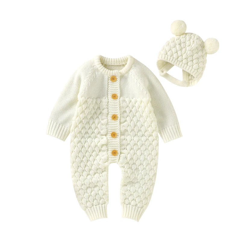 Autumn Baby Rompers Solid Long Sleeve Knitted Newborn Boys Girls Winter Outwear Jumpsuits Hats Clothes Sets 0-18m Infant Outfits