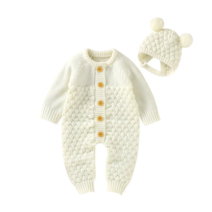 Autumn Baby Rompers Solid Long Sleeve Knitted Newborn Boys Girls Winter Outwear Jumpsuits Hats Clothes Sets 0-18m Infant Outfits