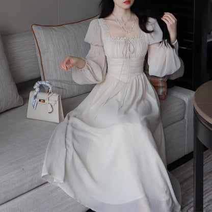 2024 Französisch elegante Prinzessin Abend party Midi Kleider für Frauen A-Linie schlanke Bandage Langarm Vestidos koreanische Frühlings kleidung