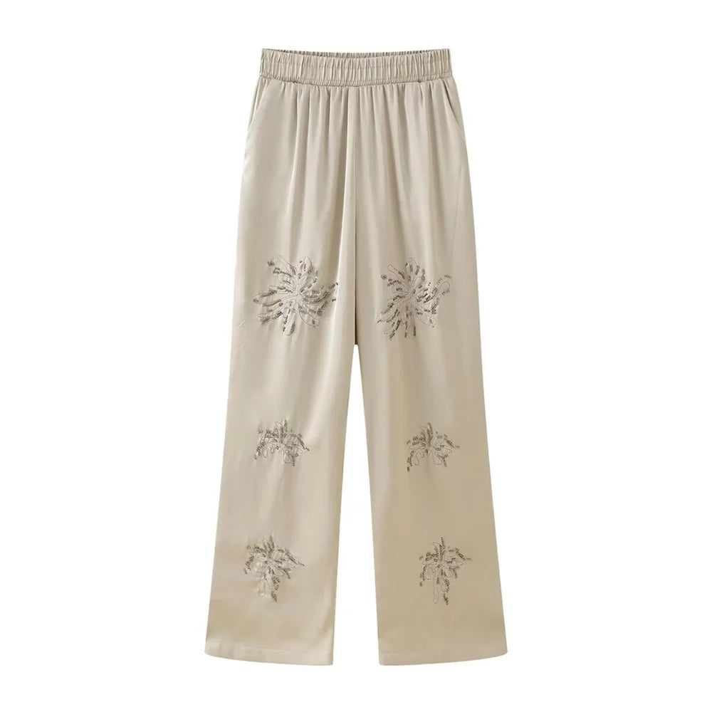 Summer New Product Women's Style Flip Collar with Beaded Embroidered Shirt, High Waist Straight Leg Pants Set