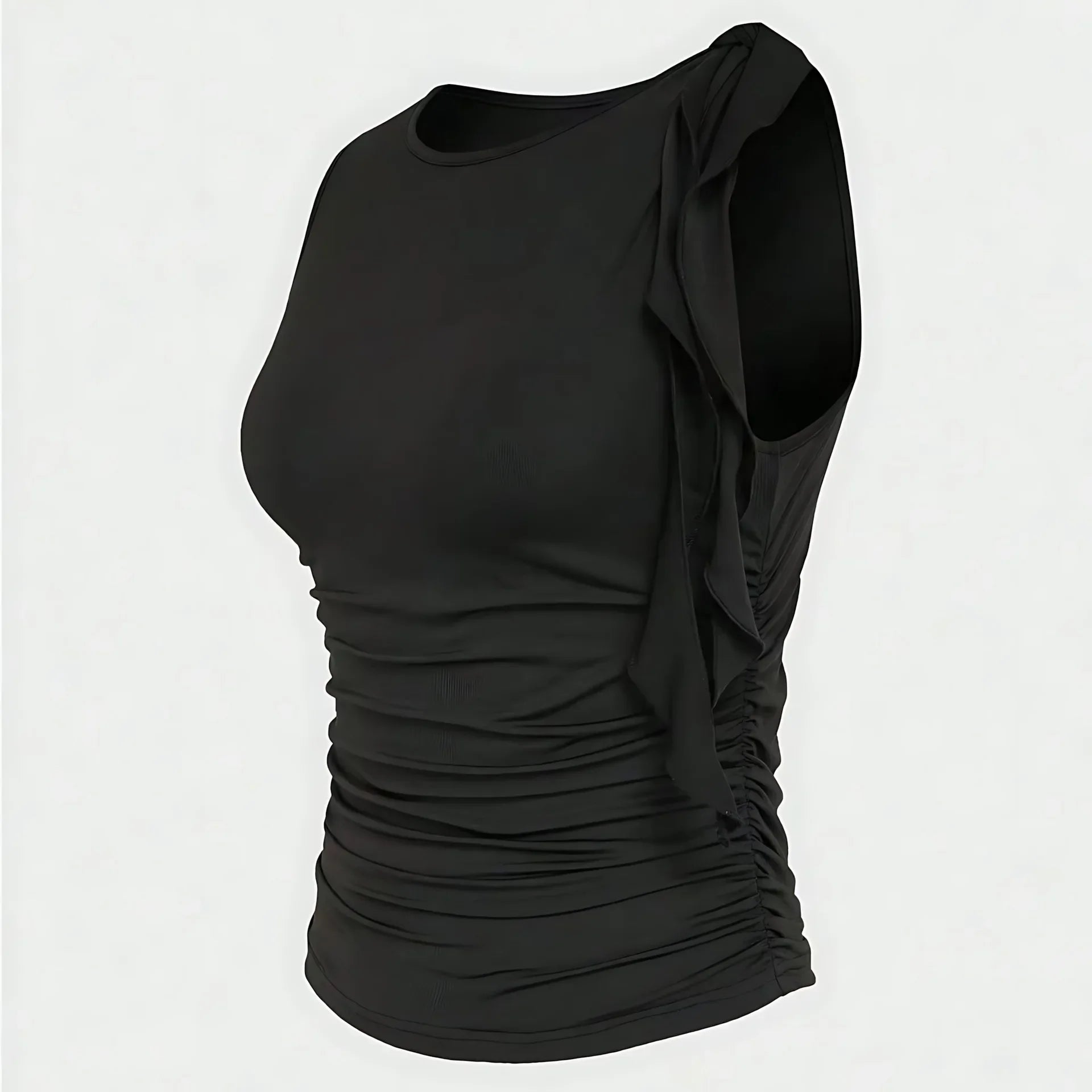 Slim Fit Basic Style Sleeveless round Neck Wrap Single Shoulder Vest Summer Waist Pleated Design Sexy Collarless Tank Top.