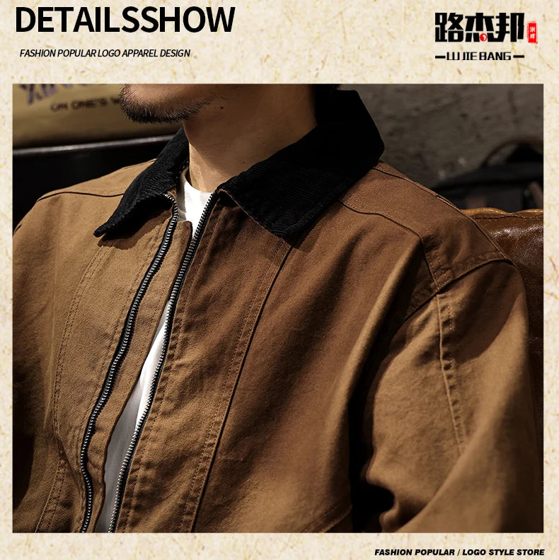 Men Spring Autumn Washed Cotton Loose Casual American Retro Cargo Jacket Man Streetwear Cityboy Coat Outerwear Varsity Jacket.