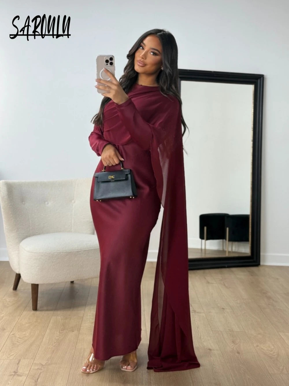 Burgundy Abaya Women Satin Modest Evening Dress Simple Hot Sale Cocktail Gown With Side Cape Elegant Arabic Long Sleeves Robe.