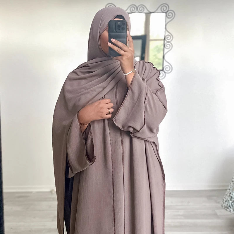Three Piece Abaya Set With Hijab Free Belt Jazz Crepe Kimono Sleeveless Under Dress EID Ramadan Muslim Women Islamic Clothing.
