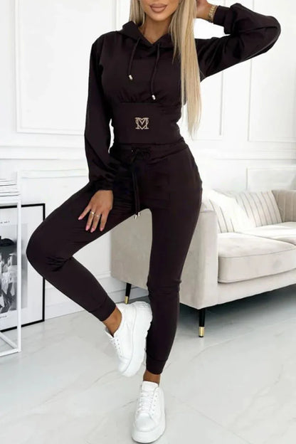 Casual Solid Color Hooded Slim Long-sleeved Top And Wide-sleeved Pants Suit Women 2025 Spring Top Lace-up Pants Suit For Women
