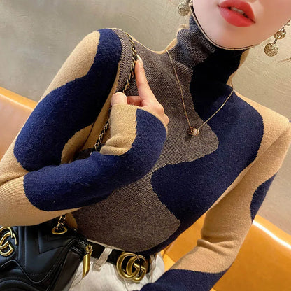 Women Clothing Vintage Fashion Slim Turtleneck Sweaters Autumn Winter Elegant Chic Patchwork Knit Pullovers Office Lady Tops