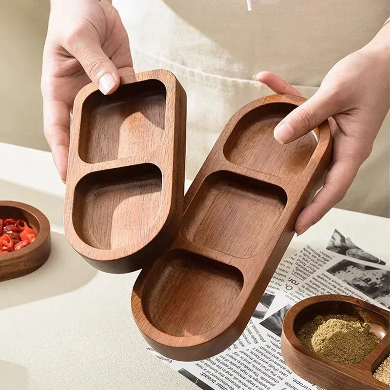 Solid Wood Rectangle Tray 2/3 Grid Condiment Plate Breakfast Sushi Bread Dessert Sauce Plate Kitchen Dinner Seasoning Dish.