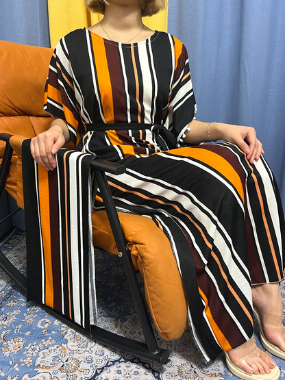 Abayas For Women 2024 Printed Vertical Stripe Tassels Elasticity Loose Fit Femme Robe African Woman Dresses With Belt Headscarf