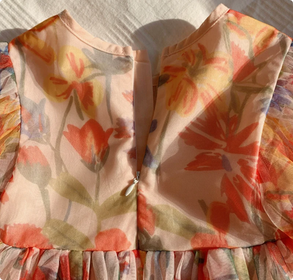 2023 sommer Kinder Kleidung Puff Sleeve Blumen Druck Kleid Für Mädchen Mesh Kinder Kleid für Mädchen.