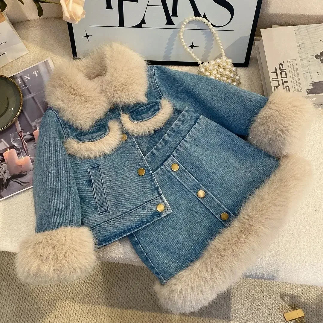 Children's Sets Girls' Fleece-Lined Denim Set Korean Winter Jacket & Skirt 2-Piece Thickened Outfit for Toddlers.
