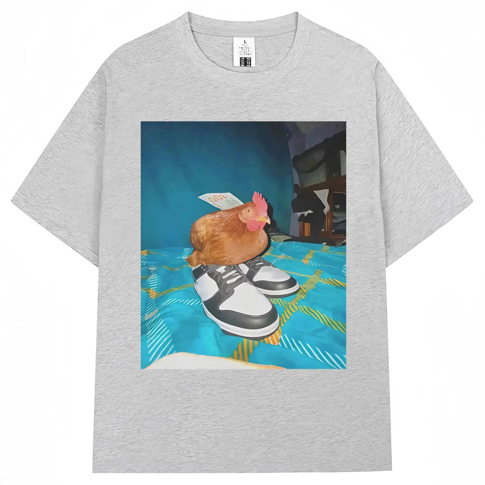 Funny Dripped Out Chicken Meme Print T-shirts Humor Chicken with Shoes Men Women T Shirt Creativity Popular Loose Cotton T-shirt.
