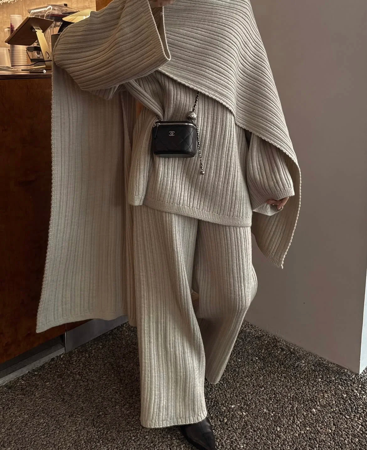 Hirsionsan Soft Elegant Vintage Women Suits 3 Pieces Female Sets O Neck Sweater & Wild Leg Pants with Scarf Knitted TrackSuit