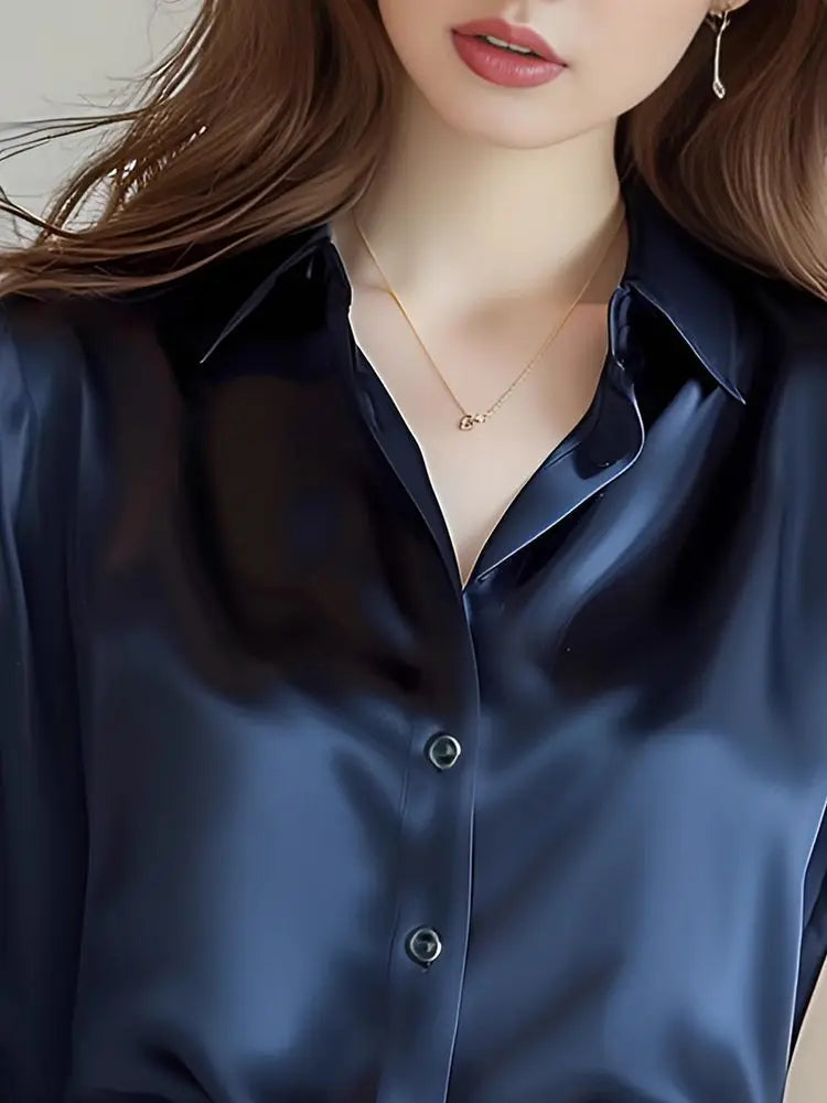 Elegant Silk Office Shirts Women Korean Fashion Y2k Clothes Slim Long Sleeve White Black Blusas Mujer Workwear Tops and Blouses.
