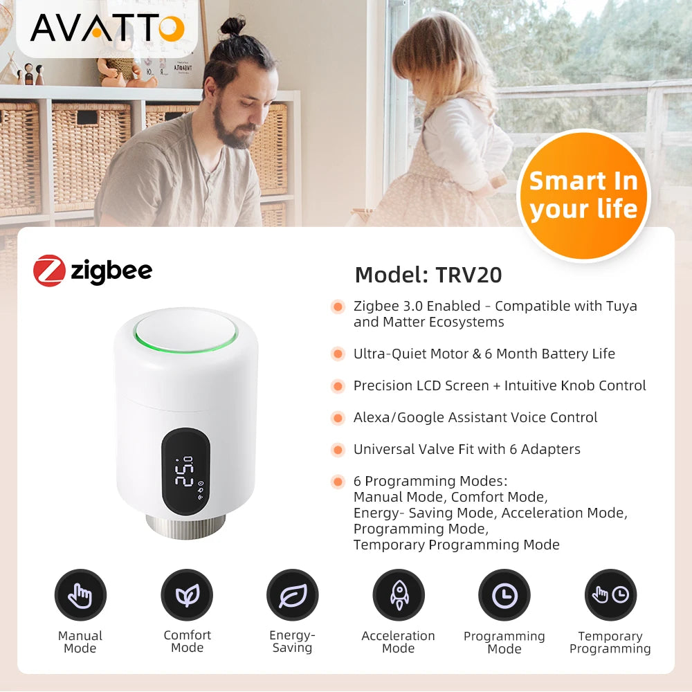 AVATTO 1~6PCS Tuya ZigBee TRV Thermostatic Valve,Smart Thermostat Radiator Actuator With Ambient Light,Alexa Google Home Alice.