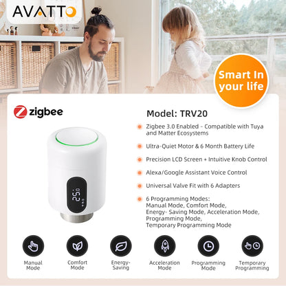 AVATTO 1~6PCS Tuya ZigBee TRV Thermostatic Valve,Smart Thermostat Radiator Actuator With Ambient Light,Alexa Google Home Alice.
