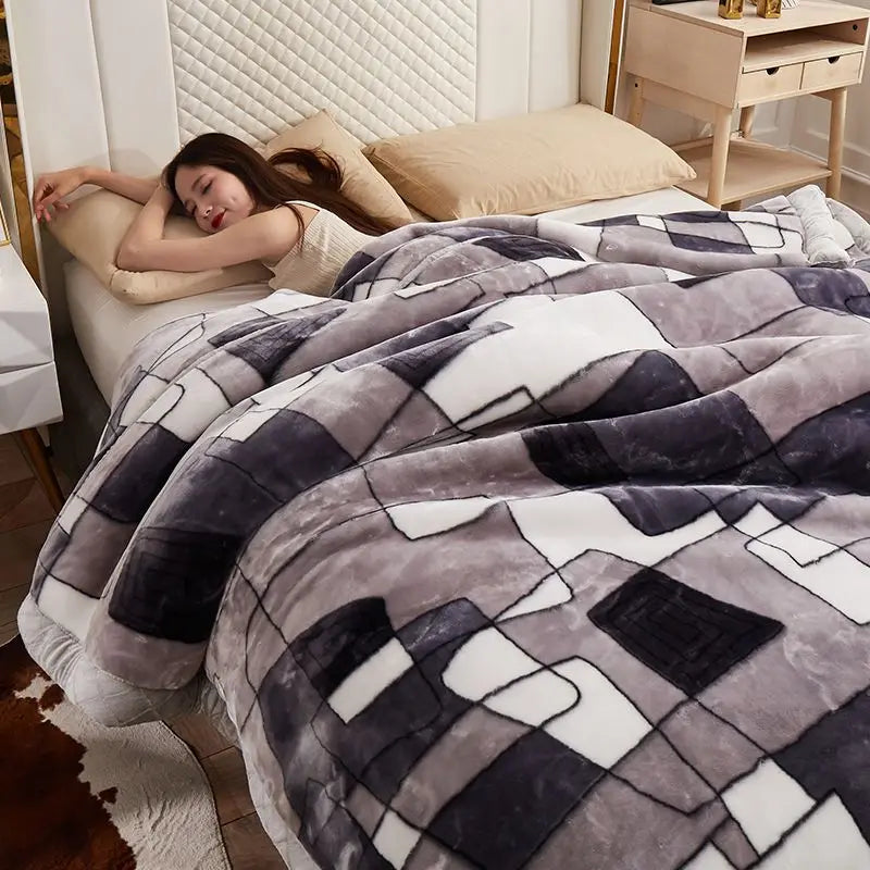 Two People Simple Geometric Printed Blanket Autumn Winter Bedroom Office Nap Quilt Anti Static Machine Washable Bedding Sheets.